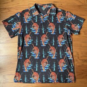 Retro Rifle Tiger Black Short Sleeve Polo Size Large All Over Tigers and Rifles